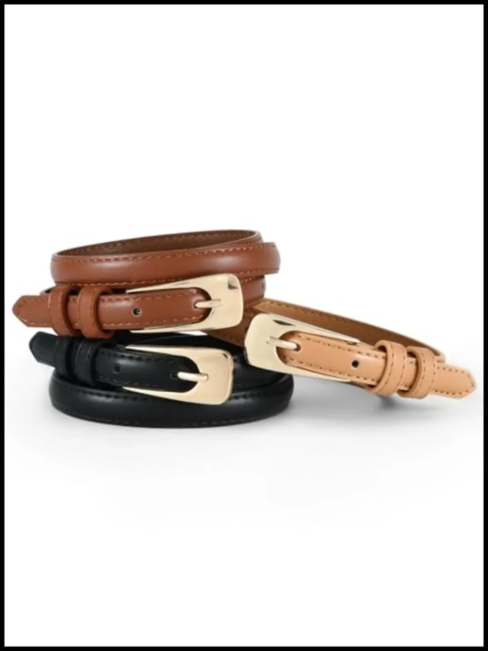 Women's Skinny Belt for Jeans Faux Leather Gold Buckle Thin Waist Belt
